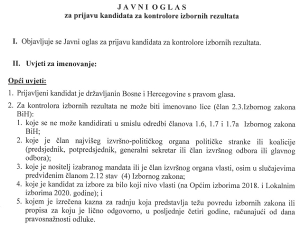 Јавни оглас Изборна комисија Града Мостара - Контролори